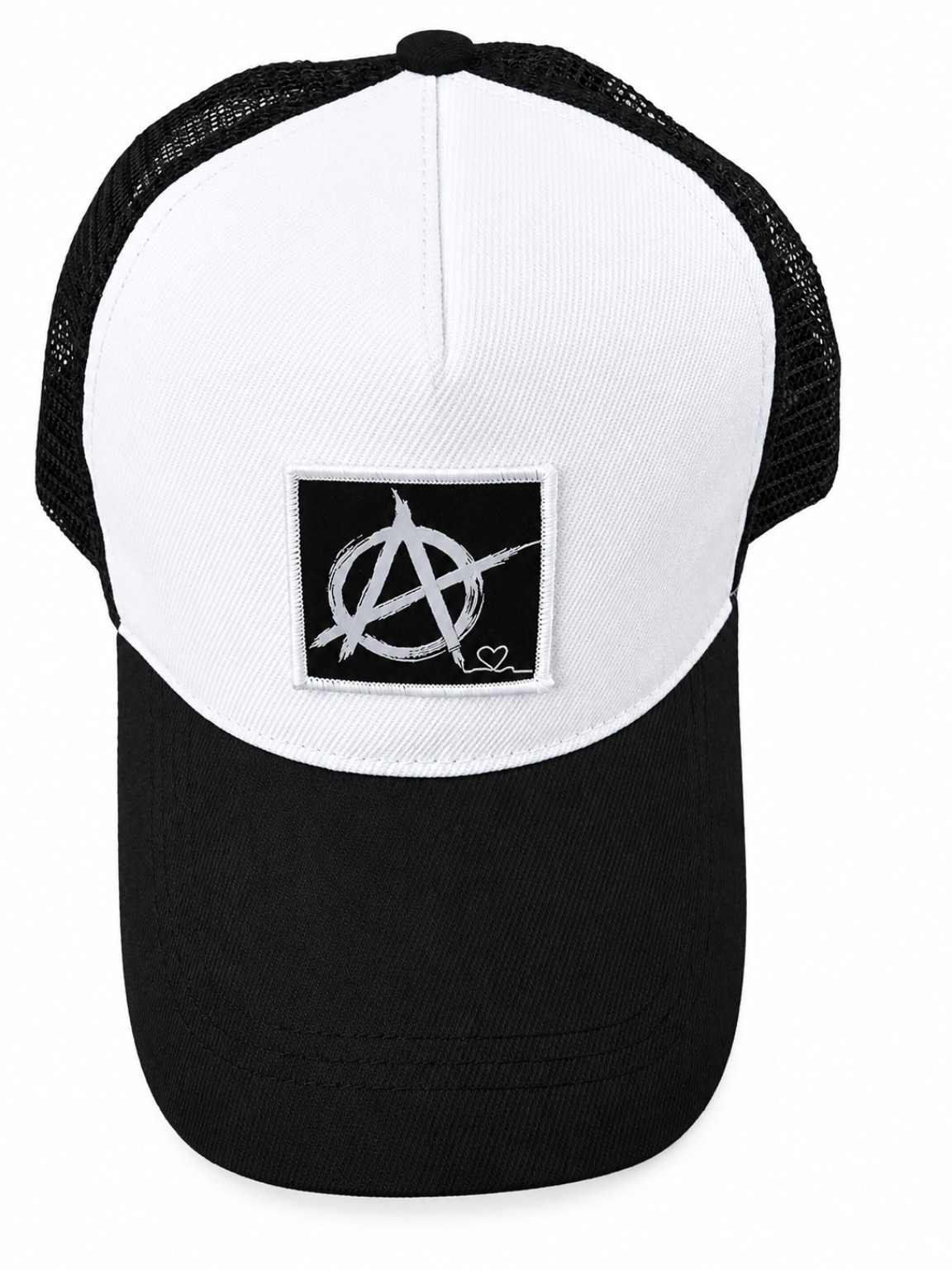 Black and white trucker hat with ISH woven patch