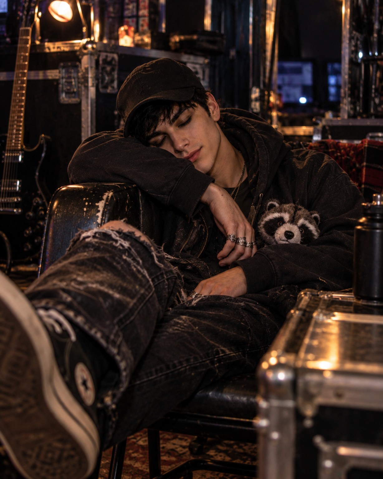 Jett asleep backstage with a small raccoon plush tucked beside them.