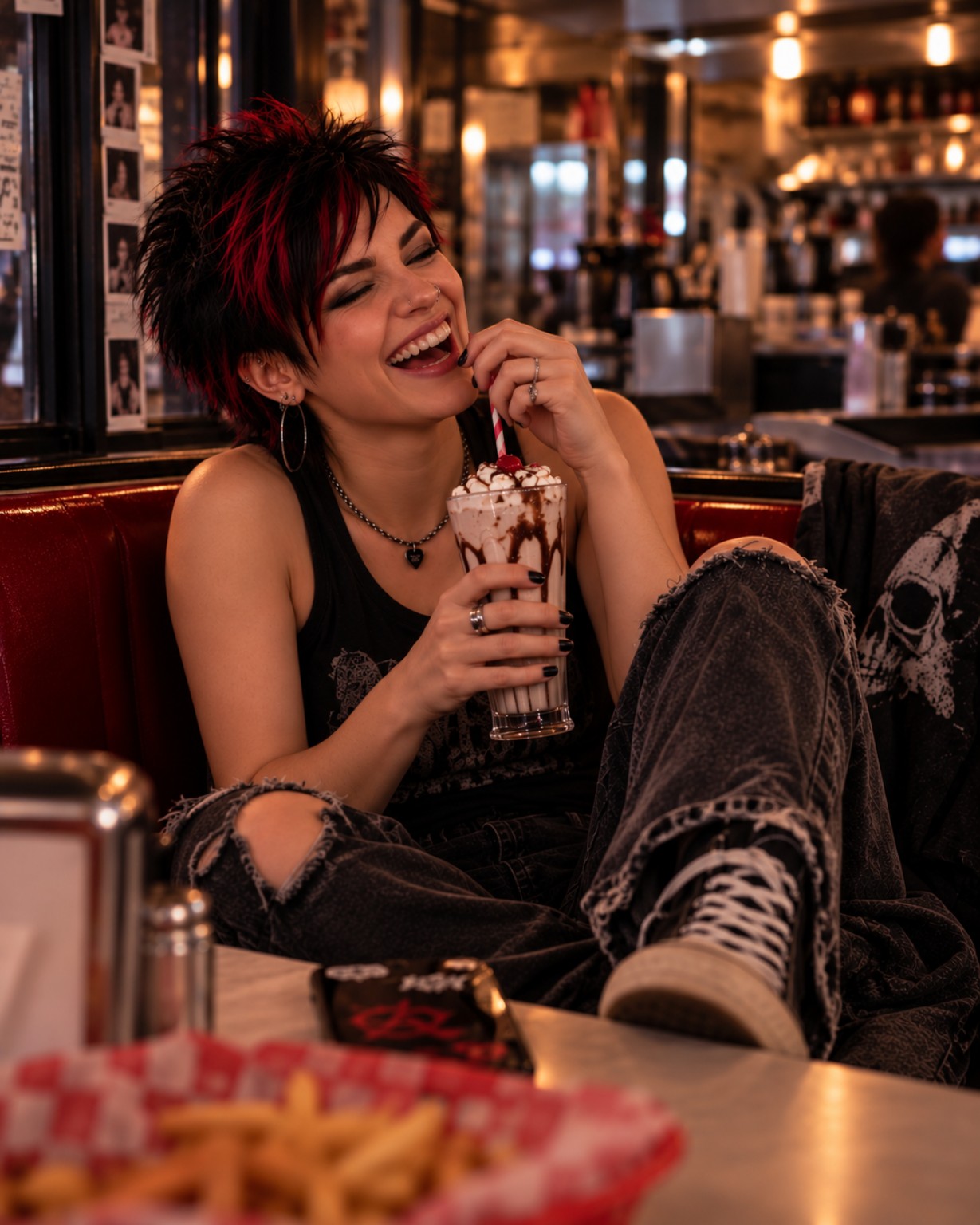 Nova laughing in a diner booth while holding a chocolate milkshake.
