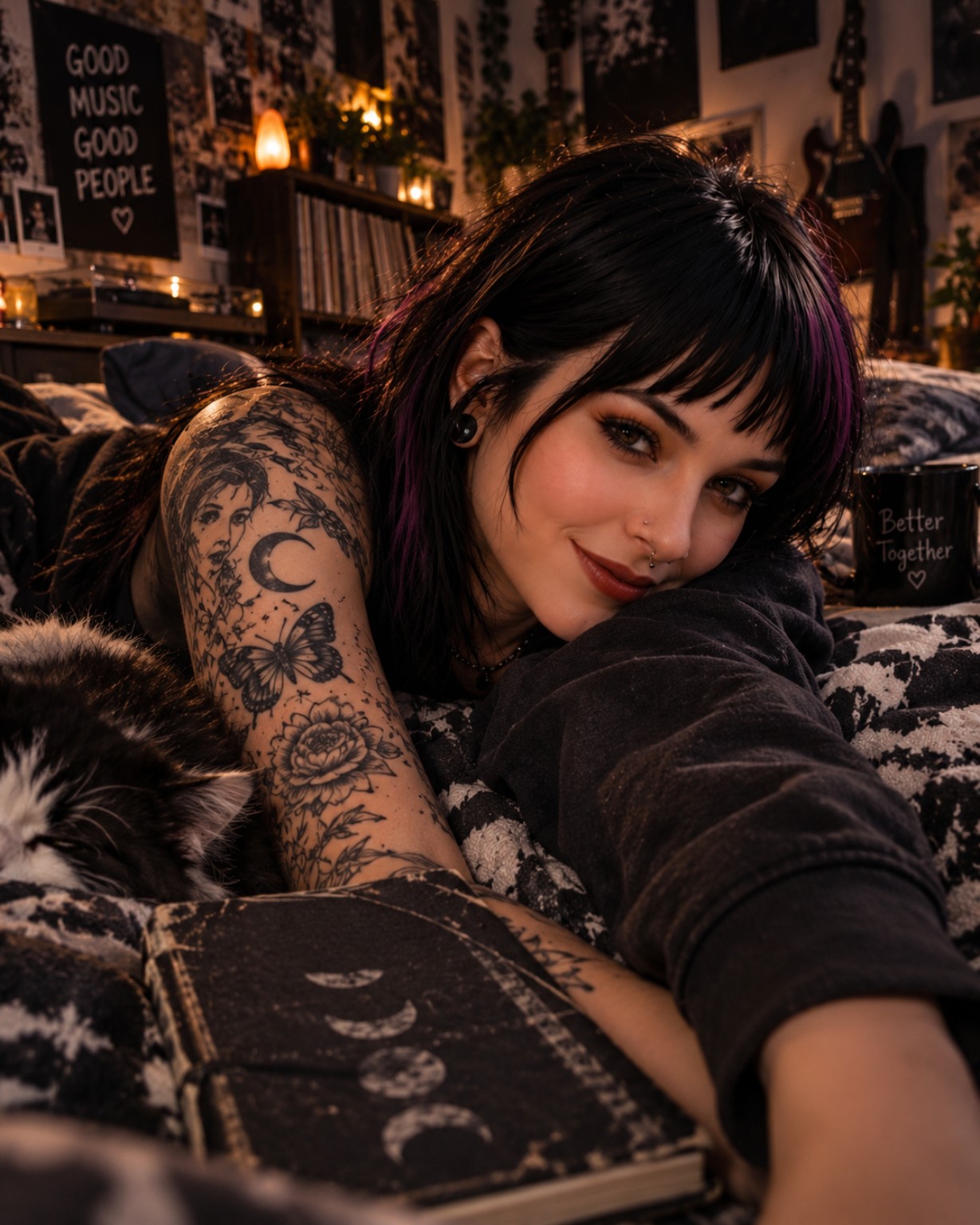 A tattooed woman relaxing in a cozy music-filled room beside a raccoon.