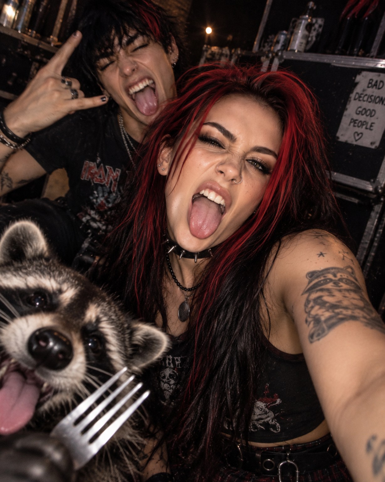 Rocket and Jett making ridiculous faces for a close-up selfie while Kevin crowds the foreground with a fork.