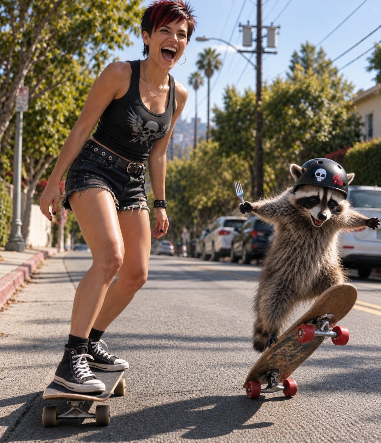 Nova skateboarding beside Kevin, who rides his own skateboard wearing a helmet and holding a fork.