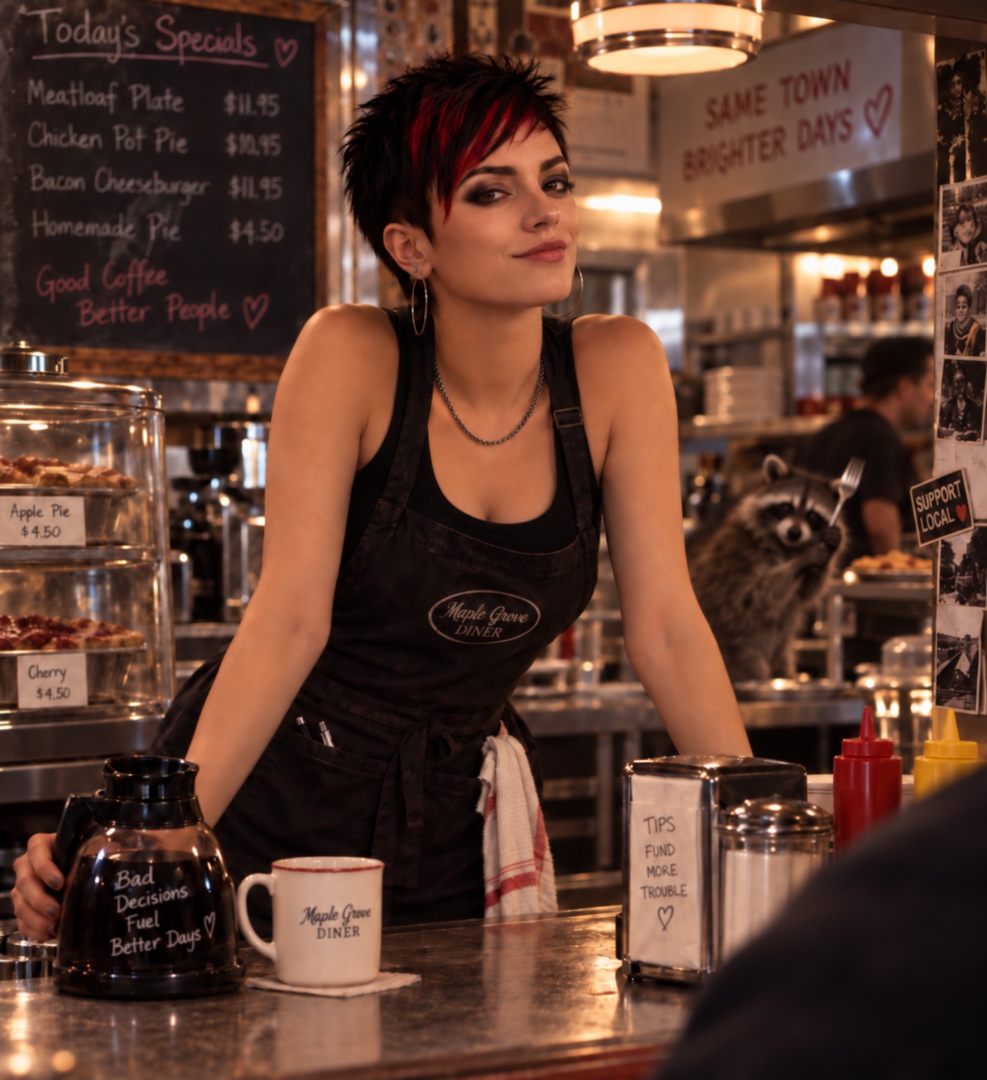 Nova working behind a diner counter while Kevin lurks near the kitchen holding a fork.