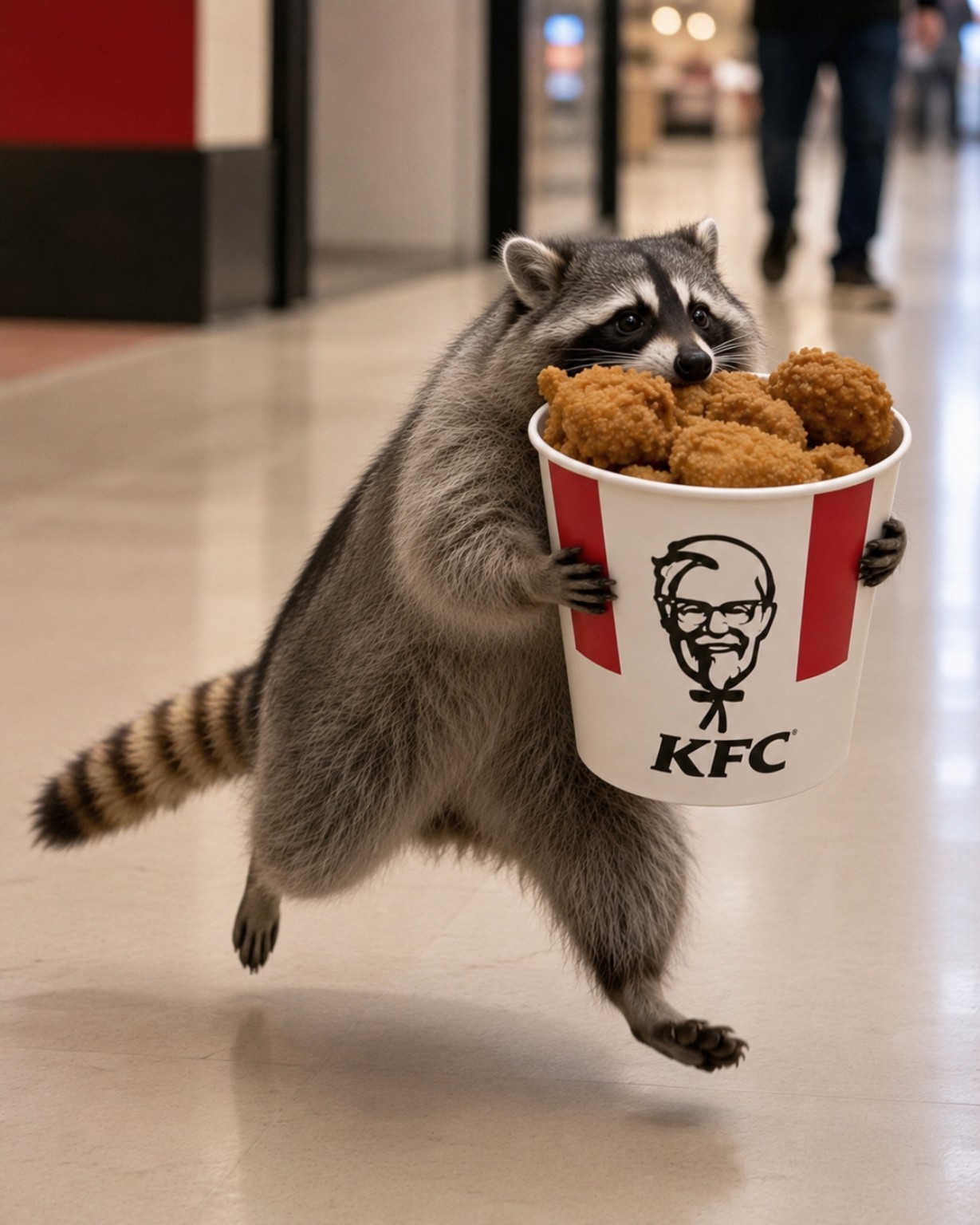 Kevin the raccoon running away with a large bucket of fried chicken.