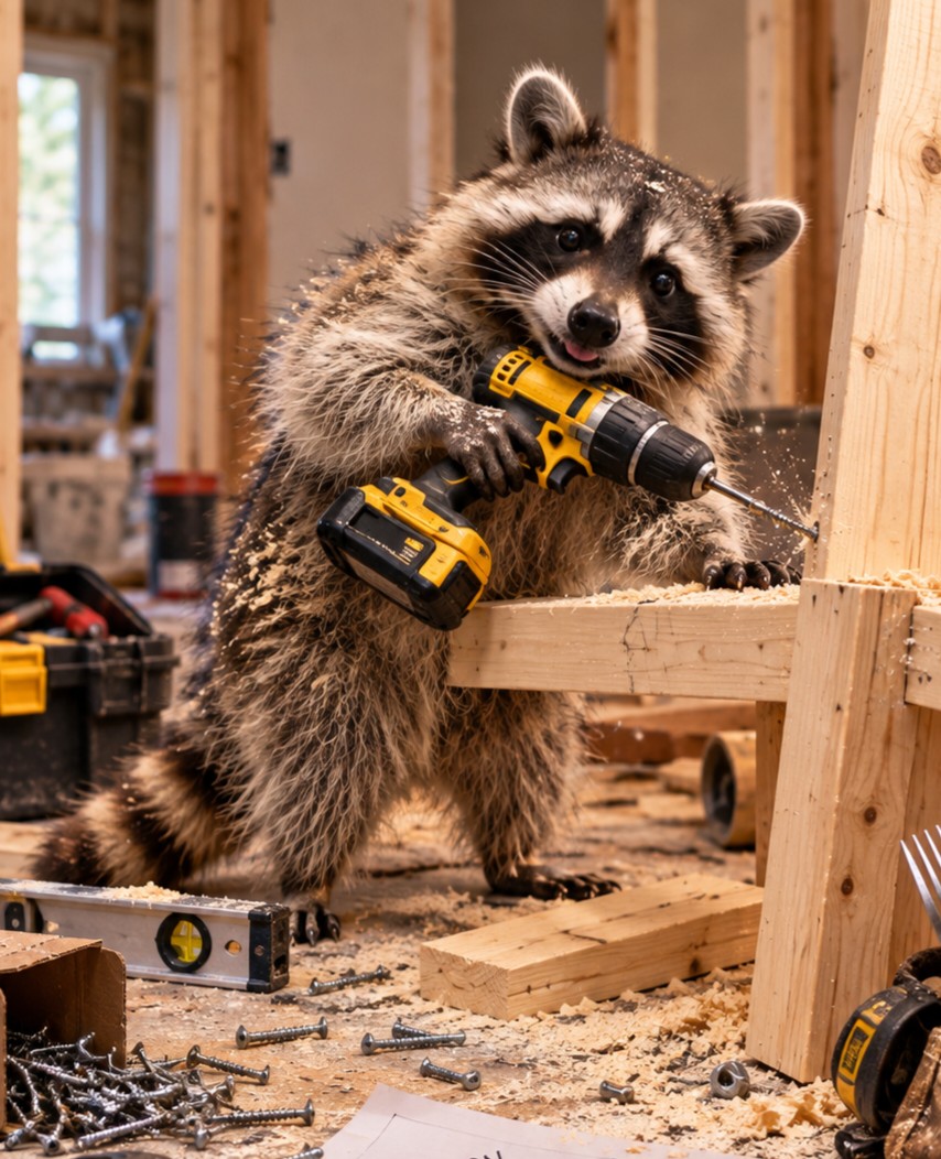 Kevin the raccoon assisting with construction