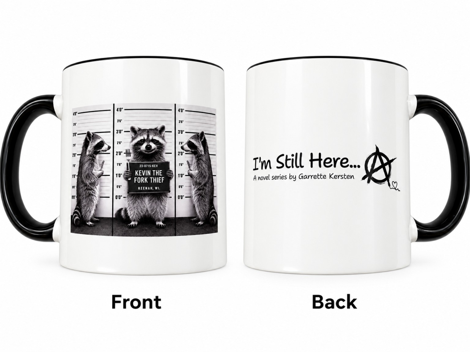 Front and back view of the 11 ounce Kevin Mugshot Mug